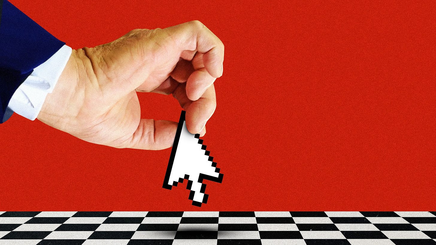 Illustration of Donald Trump's hand holding a cursor as if it's a chess piece hovering over a checkered style board. 