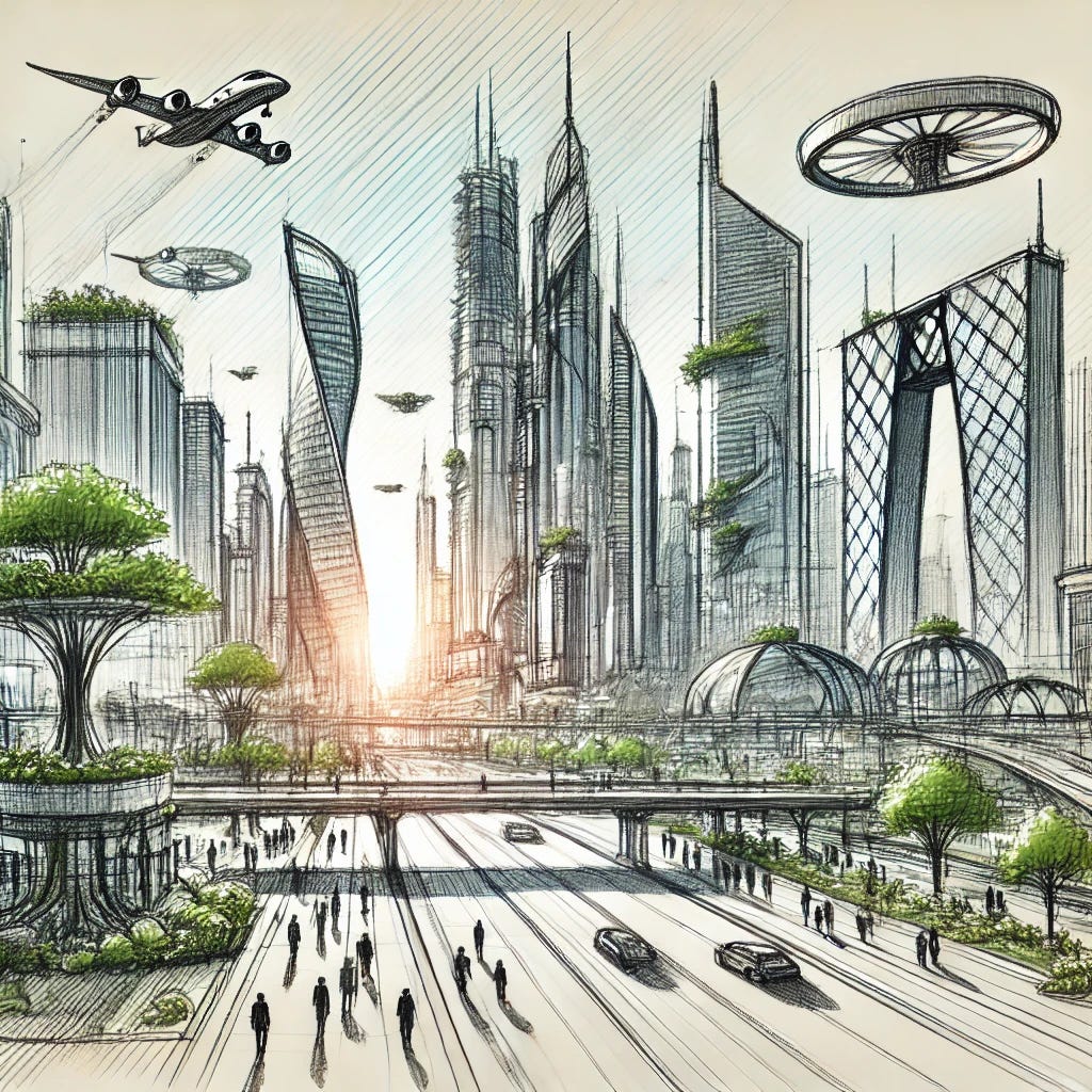 A sketch of a futuristic city with advanced technology, flying vehicles, and sleek, modern buildings. The skyline should include towering structures, some with greenery integrated into the architecture. The sketch should emphasize a blend of technology and sustainability, with people walking along futuristic streets. The overall tone should be imaginative and artistic, showcasing the possibilities of a future world.
