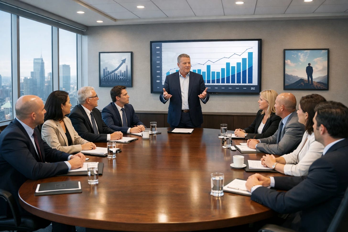 Boring board meeting with 12 people in a boardroom listening to a speaker with charts on display