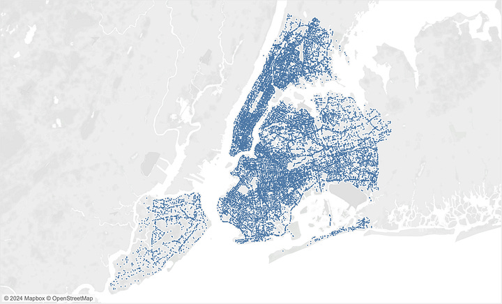 Two maps. One showing individual collisions as dot and one showing frequency of collisions as color intensity in zip code regions.