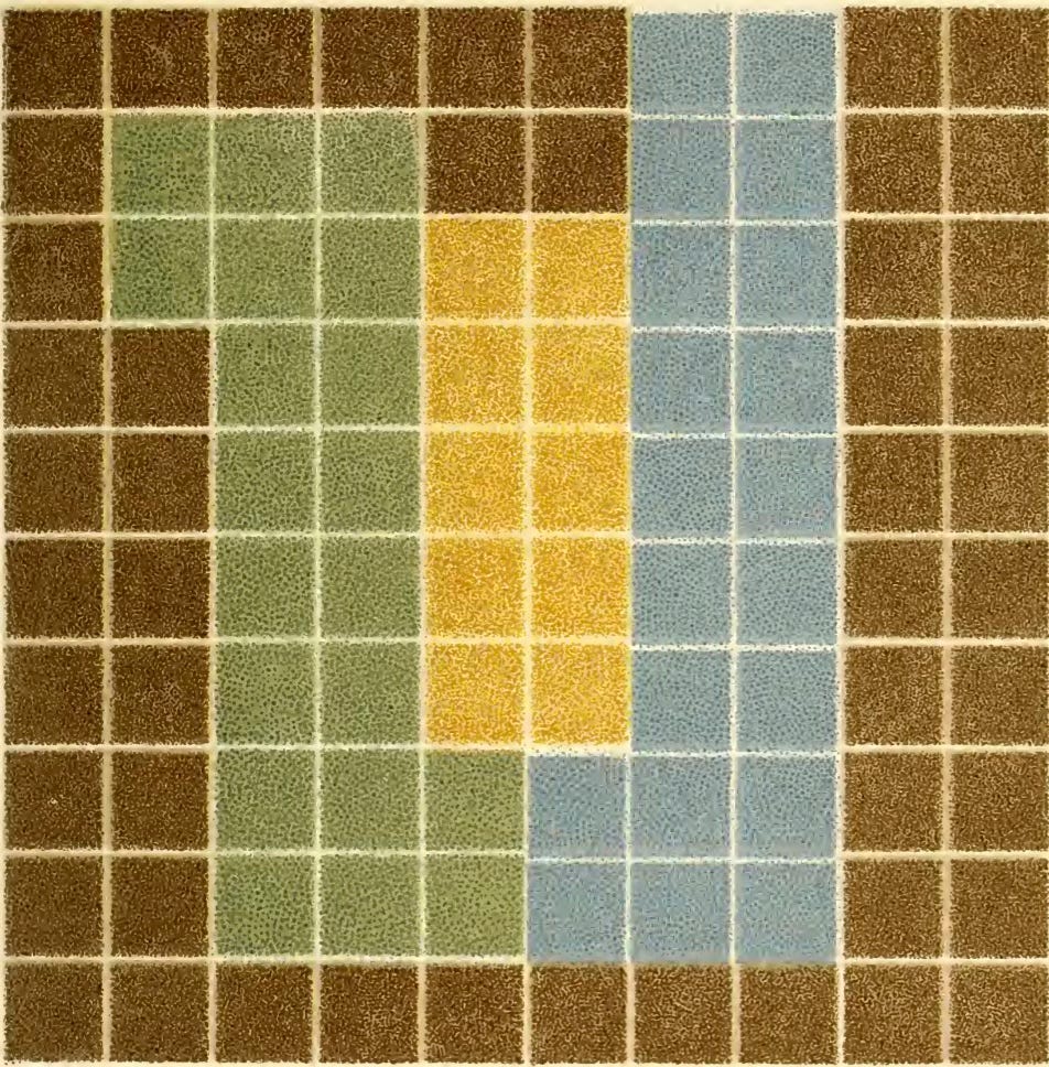 A gridded drawing similar to a tiled surface, with blocks of colors rendered in colored pencil. There are areas with squares of wood brown, blue grey, moss green and mustard yellow. The image is a color analysis chart by Emily Noyes Vanderpoel, an illustration from her 1903 book Color Problems A gridded drawing similar to a tiled surface, with blocks of colors rendered in colored pencil. There are areas with squares of wood brown, blue grey, moss green and mustard yellow. The image is a color analysis chart by Emily Noyes Vanderpoel, an illustration from her 1903 book Color Problems