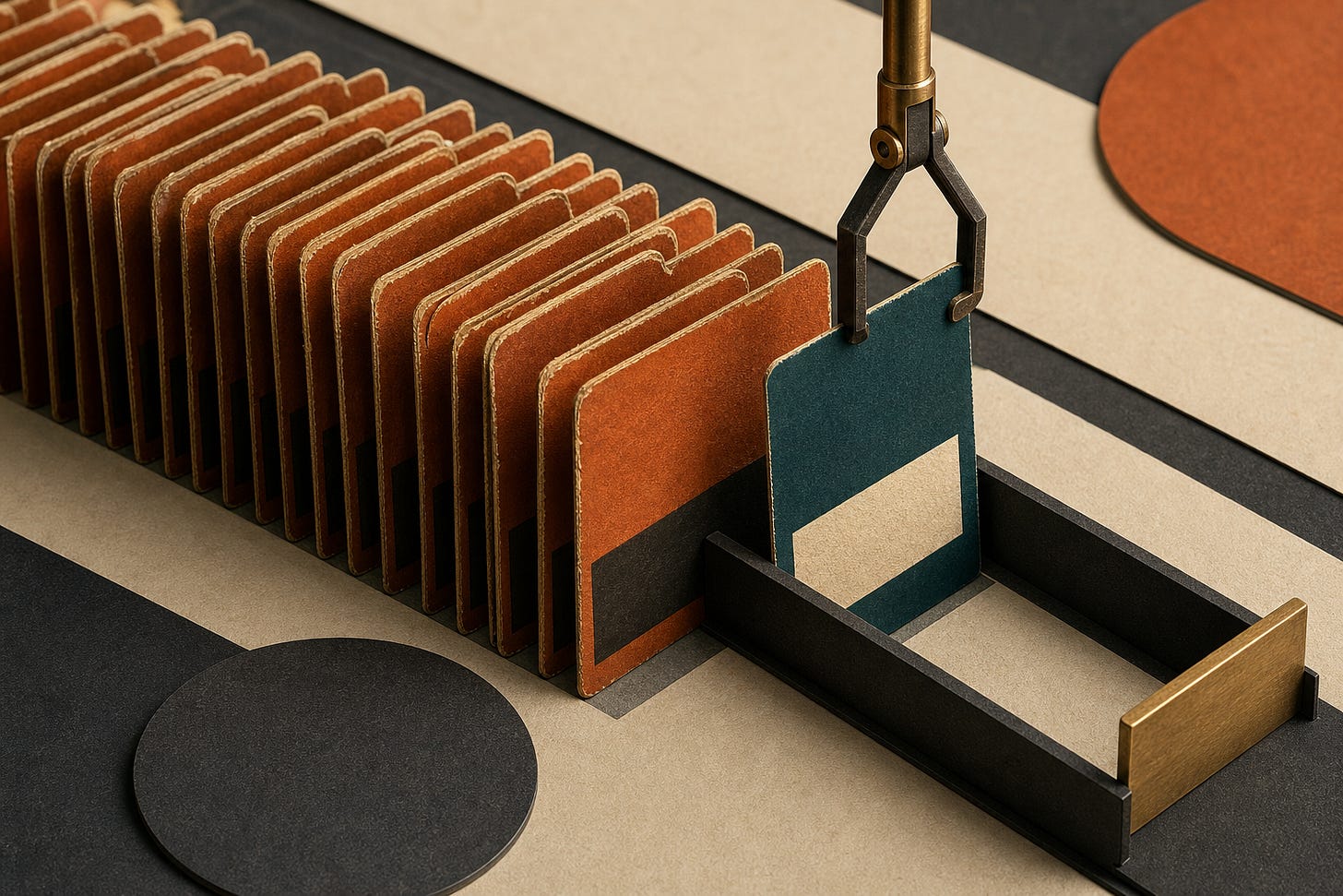 Mechanical gripper selecting a blue index card from a row of worn orange cards