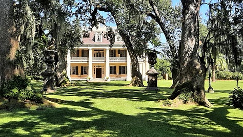 Three pictures showing the outside of the Houmas House plantation, a large 2 and a half story structure with four pillars and a balcony on each side. There is a large tree and a pond in the foreground of two of the photos.