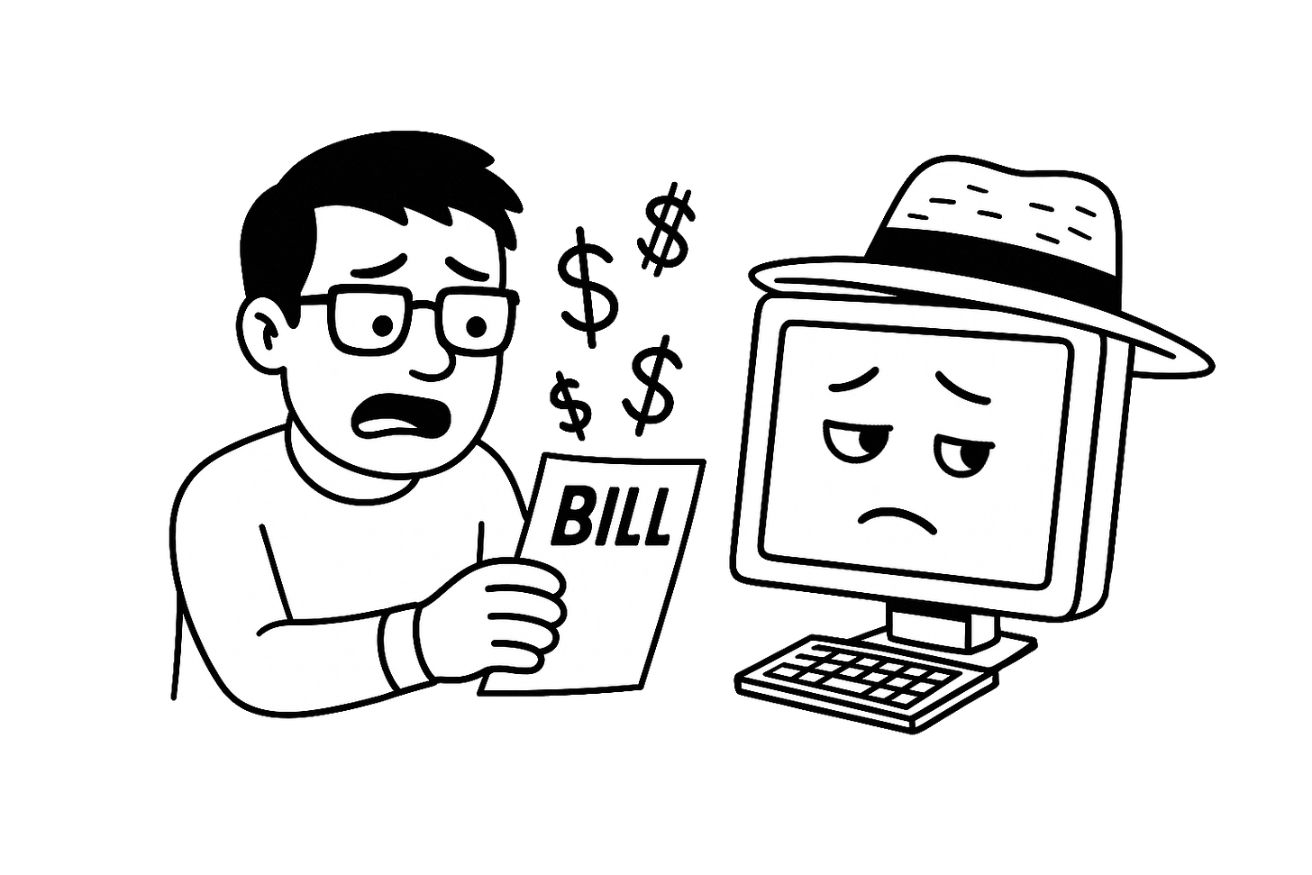 Cartoon of a programmer looking at an expensive bill while the computer is looking guilty and averting his eyes