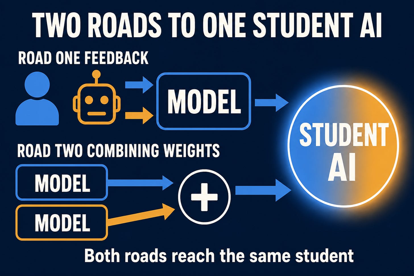 Wide editorial diagram, 1536 by 1024 landscape, flat clean style, thick simple line work, large type throughout, no fine detail. Deep ink-blue background, hex 1d3557, no grid. Headline at top in large off-white bold sans-serif capitals: TWO ROADS TO ONE STUDENT AI. Below, two horizontal rows flowing left to right, both ending at one large glowing circle at the right center of the frame, blended cool blue, hex 4a90d9, and warm amber, hex e8a13d, labeled inside in large off-white letters: STUDENT AI. Top row, labeled ROAD ONE FEEDBACK: two large icons side by side, one cool-blue human silhouette and one amber robot head, joined by thick arrows into one large rounded rectangle labeled MODEL, then one thick arrow to the student circle. Bottom row, labeled ROAD TWO COMBINING WEIGHTS: two large rounded rectangles each labeled MODEL, thick arrows into a large circle with a bold plus sign, then one thick arrow to the student circle. One short line at the bottom in large off-white sans-serif: Both roads reach the same student. No terminal periods on labels, generous spacing, amber for AI, cool blue for humans, everything sized to stay readable at phone width.