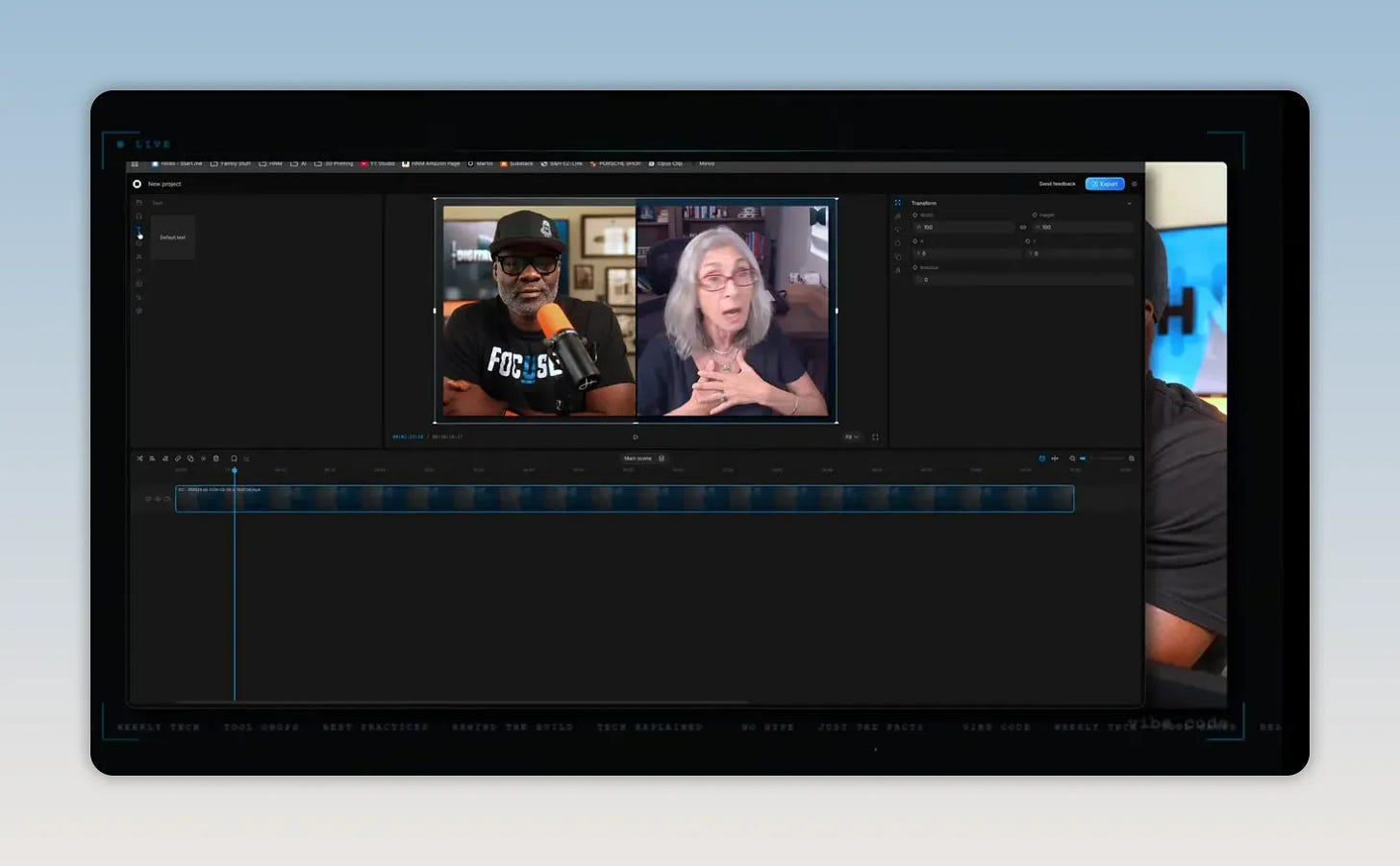 OpenCut interface showing video preview, timeline, and transform controls