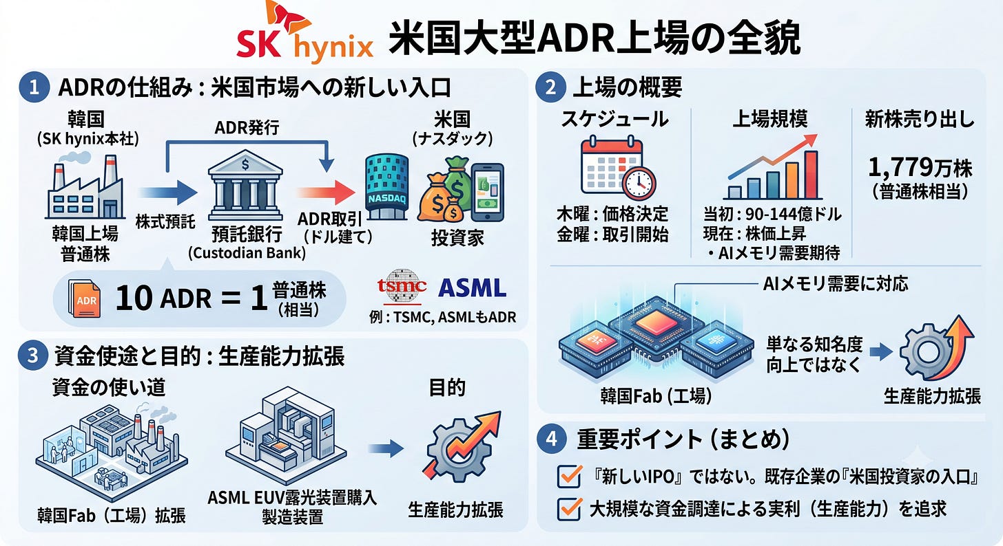 インフォグラフィック：SK hynix 米国大型ADR上場の全貌。ADRの仕組み、上場スケジュール、資金使途（生産能力拡張）、重要ポイントを解説。