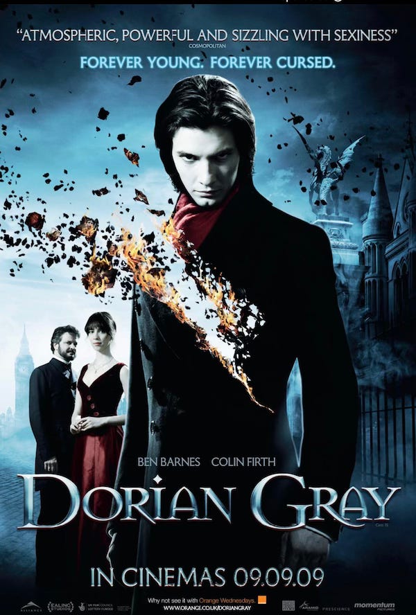 A poster for the film Dorian Gray from 2009 featuring Ben Barnes, Rebecca Hall, and Colin Firth, the release date is given as 090909