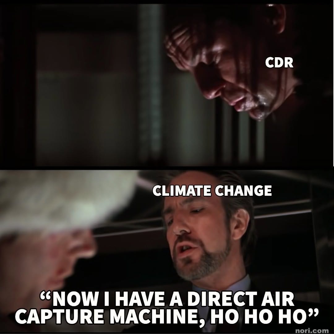 Two Die Hard stills. Top: John McClane in a vent, labelled "CDR". Bottom: Hans Gruber, labelled "Climate change", reading "Now I have a direct air capture machine, ho ho ho".