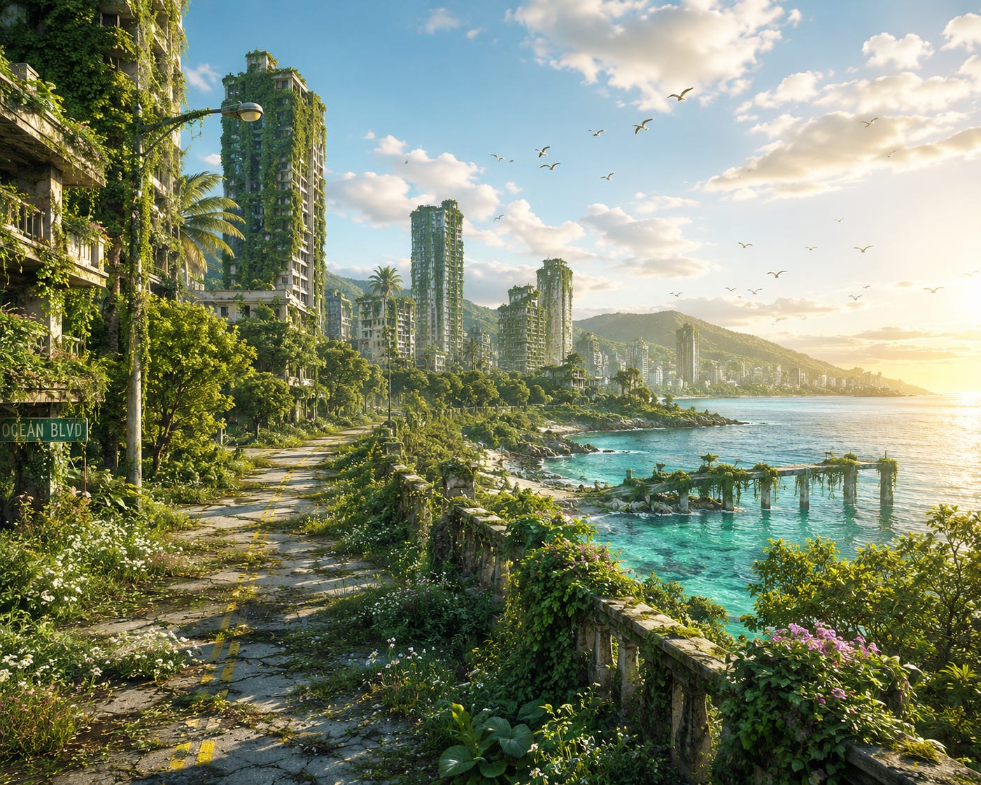 Nature slowly reclaims a once-thriving coastal city, as lush greenery spreads across abandoned streets and buildings. The scene offers a powerful reminder that while human achievements may fade, God's creation and His kingdom endure.