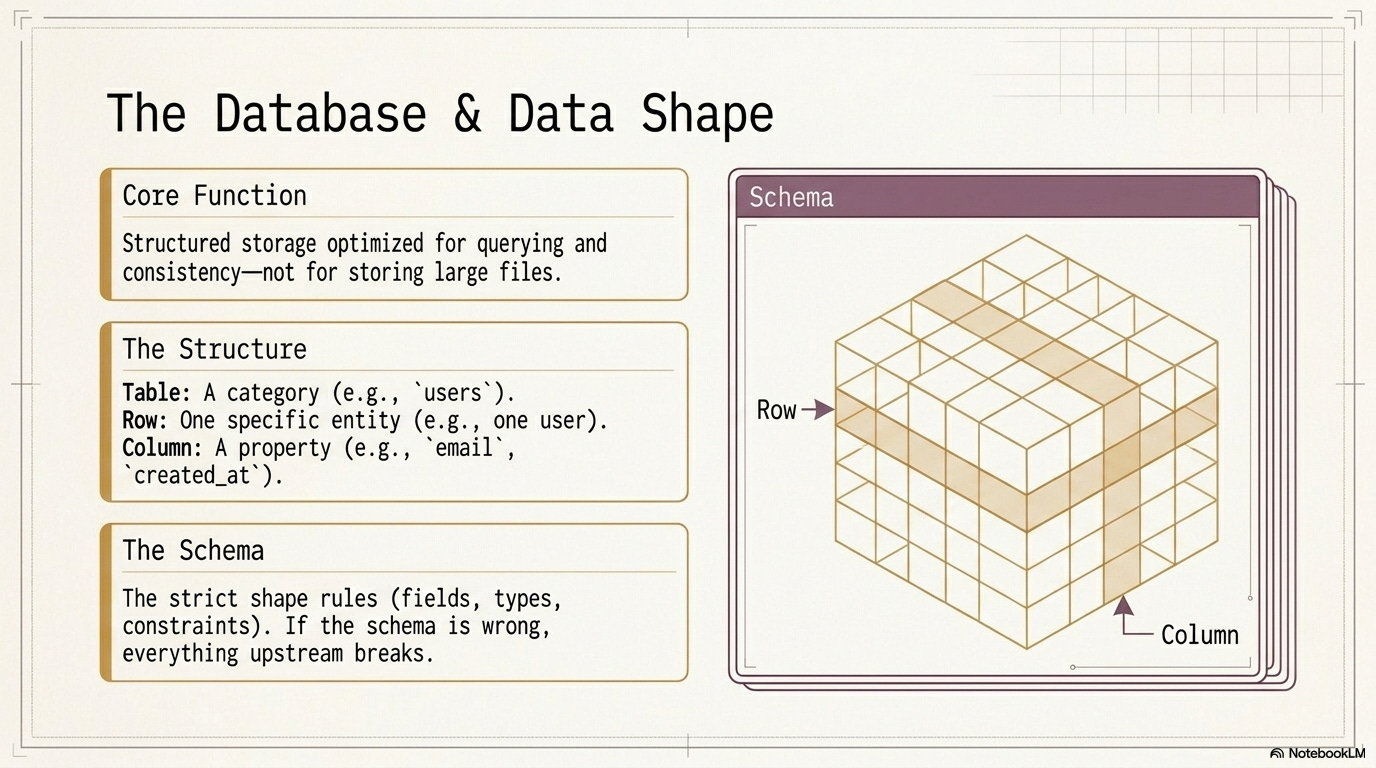 Infographic titled “The Database & Data Shape” explaining that a database is structured storage optimized for querying and consistency (not large files). 