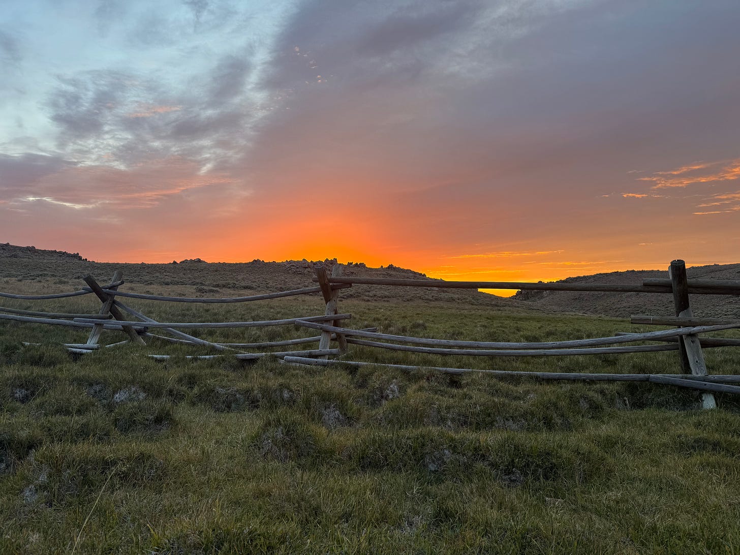 Bright orange sunset silhouettes hoodoos on the far horizon. In the foreground is a wood buck and rail fence along scrubby, bunchy grass. Not a tree in sight. 