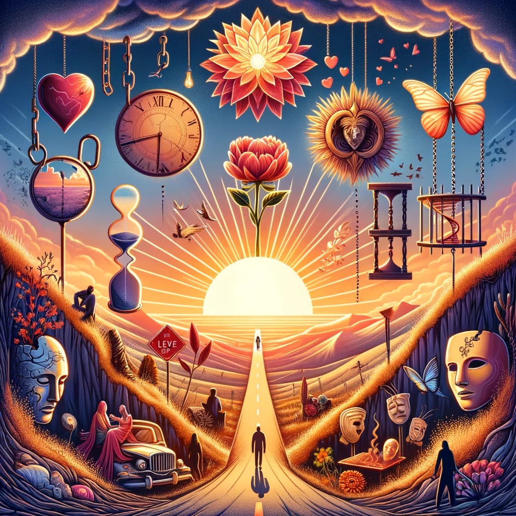 An inspiring illustration that visually represents the journey of self-discovery and overcoming life's common traps. The image features a symbolic landscape with a bright, rising sun in the background, symbolizing new beginnings and enlightenment. In the foreground, various elements depict the seven life traps: a broken chain symbolizing freedom from others' opinions, an hourglass for the preciousness of time, a blooming flower representing growth from failures, an open road for embracing uncertainty, a mask split in half to symbolize the rejection of victimhood, a small group of figures enjoying a moment together, emphasizing the value of relationships, and a heart floating above, denoting love and connection. The overall mood is uplifting and motivational, with a focus on personal empowerment and self-realization. An inspiring illustration that visually represents the journey of self-discovery and overcoming life's common traps. The image features a symbolic landscape with a bright, rising sun in the background, symbolizing new beginnings and enlightenment. In the foreground, various elements depict the seven life traps: a broken chain symbolizing freedom from others' opinions, an hourglass for the preciousness of time, a blooming flower representing growth from failures, an open road for embracing uncertainty, a mask split in half to symbolize the rejection of victimhood, a small group of figures enjoying a moment together, emphasizing the value of relationships, and a heart floating above, denoting love and connection. The overall mood is uplifting and motivational, with a focus on personal empowerment and self-realization.
