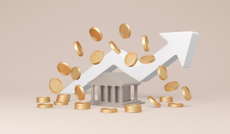 3D Rendering of a money coin with bank icon and arrow graph pointing up on background concept of economic, Ministry of Finance. 3D Render illustration.