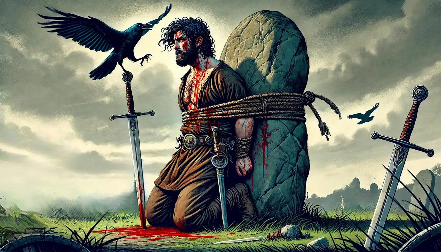 the death of Cú Chulainn. Show him injured in the belly, with blood staining his clothes, standing upright against a standing stone. He is tying himself to the stone with a sword in hand, determined to face his enemies even in death with a raven flying in to perch on his shoulder