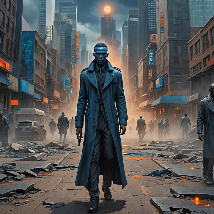Thassodar Jax, alien protector of Earth, both in his natural blue skin and in his disguise.