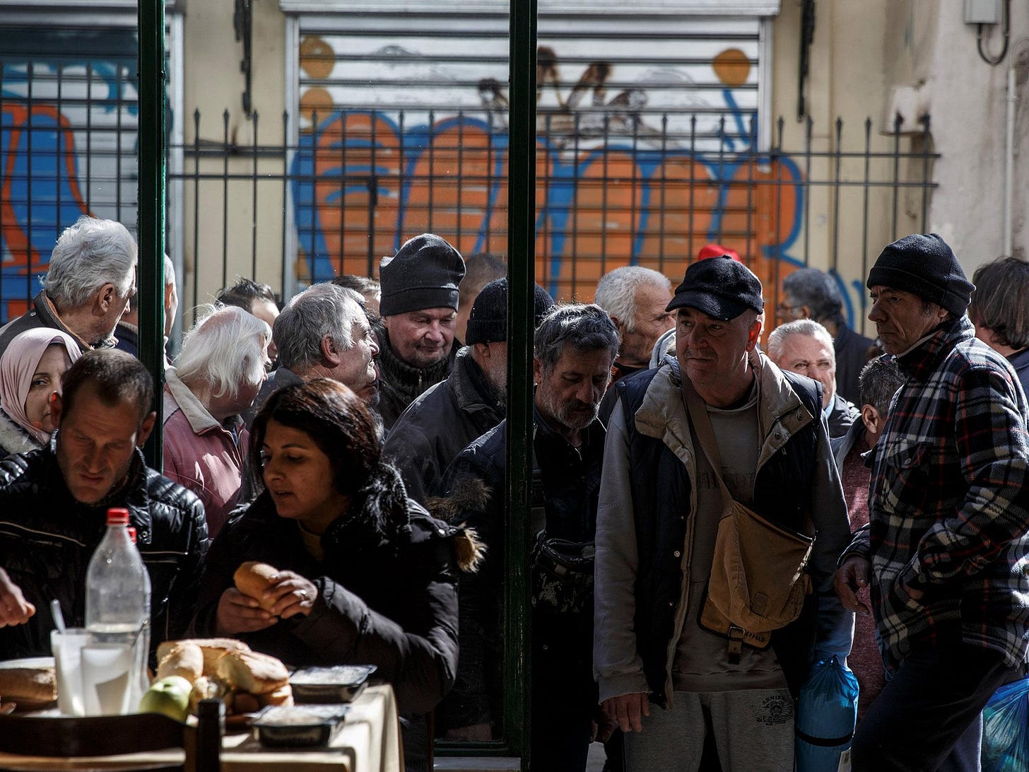 Many on relying on food handouts from soup kitchens like this one at an Orthodox church in Athens Many on relying on food handouts from soup kitchens like this one at an Orthodox church in Athens