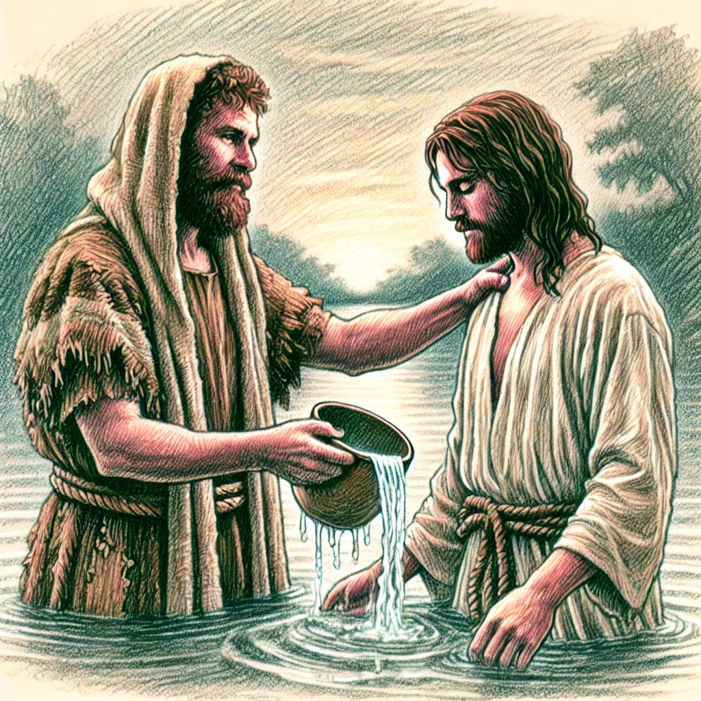 A hand-drawn style illustration that looks like it was created with colored pencils, depicting John the Baptist baptizing Jesus in the Jordan River. John the Baptist, younger, with a beard and wearing a garment made of camel's hair, gently pours water over Jesus, who stands in the river with a serene expression. The colors are muted and subdued, creating a reverent and tranquil atmosphere. The background features a simple river scene with trees and a softly glowing sky, emphasizing the sacredness of the moment. A hand-drawn style illustration that looks like it was created with colored pencils, depicting John the Baptist baptizing Jesus in the Jordan River. John the Baptist, younger, with a beard and wearing a garment made of camel's hair, gently pours water over Jesus, who stands in the river with a serene expression. The colors are muted and subdued, creating a reverent and tranquil atmosphere. The background features a simple river scene with trees and a softly glowing sky, emphasizing the sacredness of the moment.