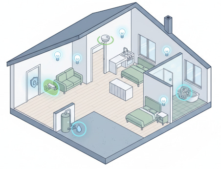 Graphic of devices in different rooms of a house. Graphic of devices in different rooms of a house.