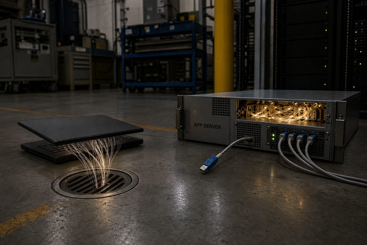 A dying terminal on the left. A long-lived app-server chassis with live threads on the right. A dying terminal on the left. A long-lived app-server chassis with live threads on the right.