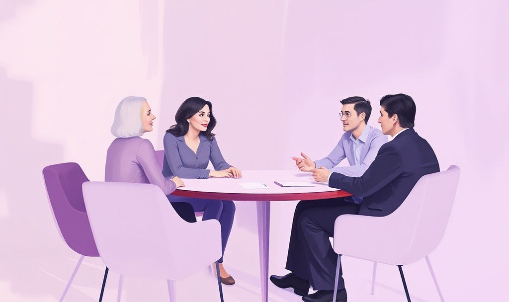 Marketing leaders sitting around a circle table debriefing their meeting