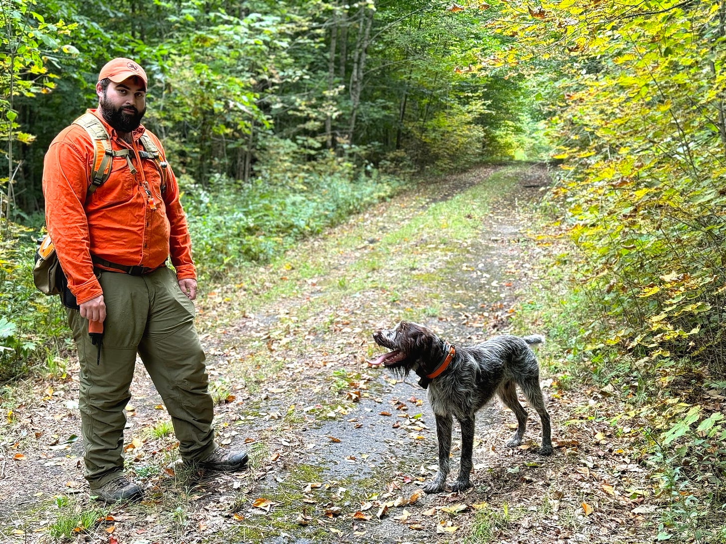 A hunter and a bird dog on a trail in the woods