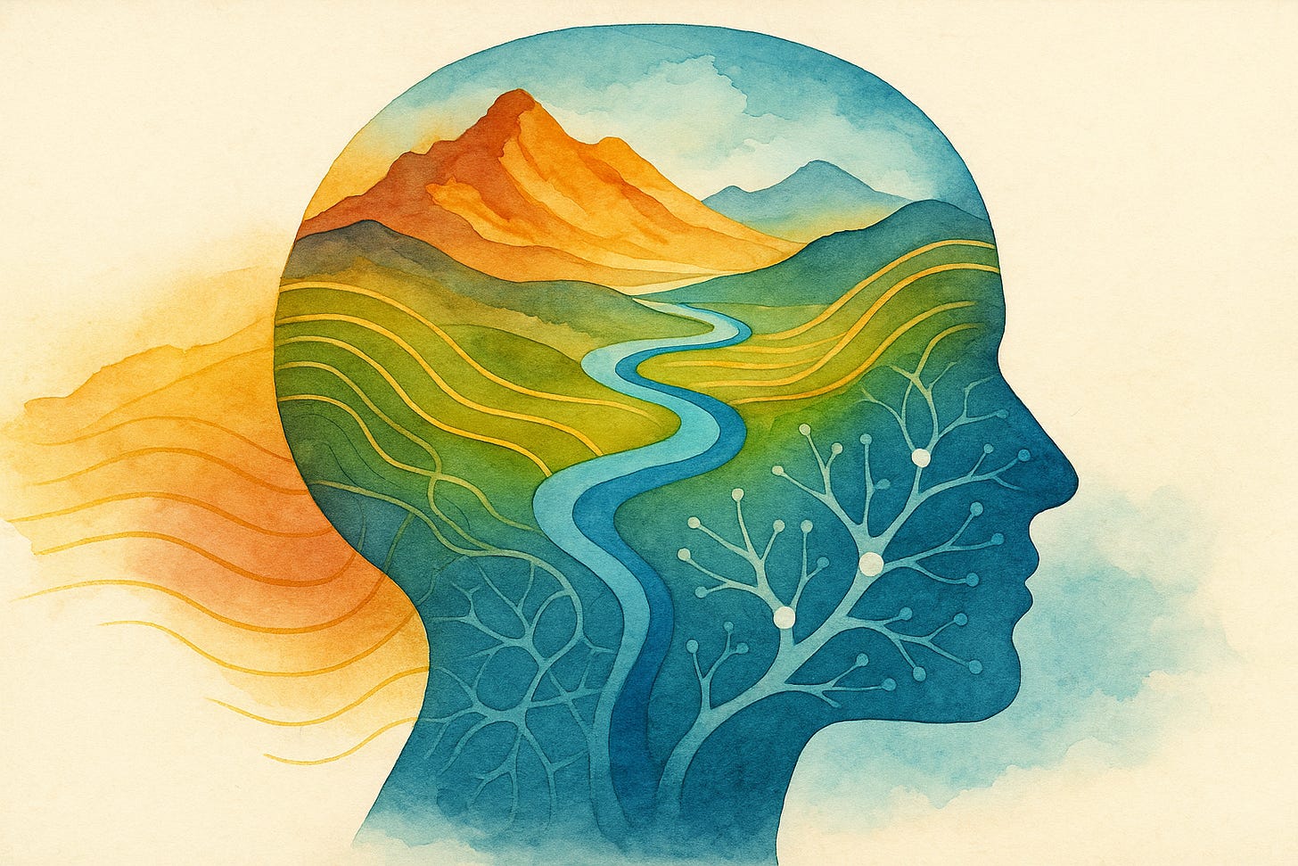 Abstract watercolor of a human head filled with mountains, rivers, and neural patterns symbolizing mapping the mind.