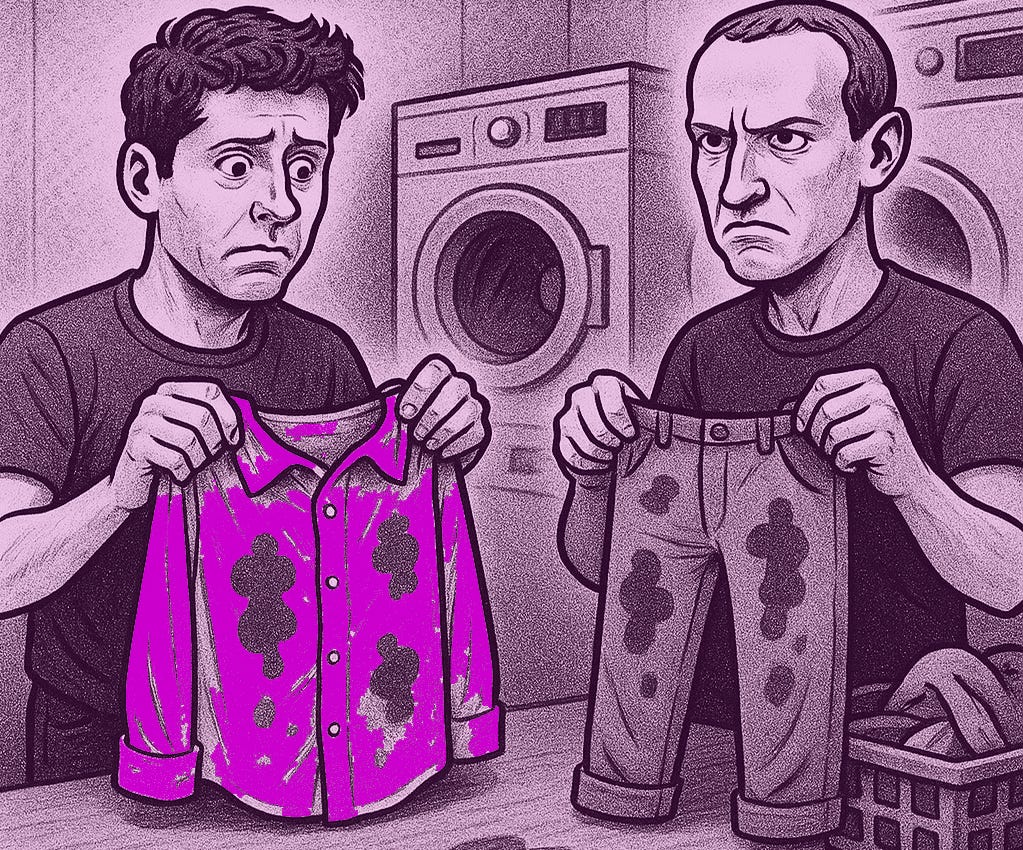 Twon men are at laundrette - they look like Sam Altman and Mark Zuckerberg. They're looking sad and angry as they hold up a dirty shirt and dirty pants. Co-created with AI using ChatGPT