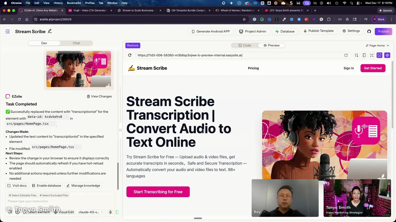 Stream Scribe transcription landing page in EasySight with 'Start Transcribing for Free' CTA and task completed sidebar