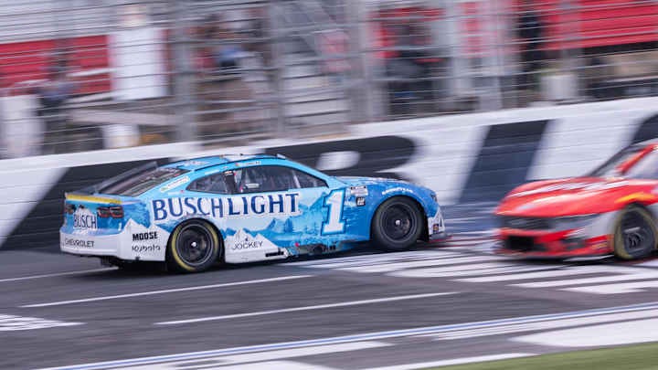 Oct 5, 2025; Concord, North Carolina, USA; NASCAR Cup Series driver Ross Chastain (1) backs across the finish line at Charlotte Motor Speedway Road Course. Oct 5, 2025; Concord, North Carolina, USA; NASCAR Cup Series driver Ross Chastain (1) backs across the finish line at Charlotte Motor Speedway Road Course.
