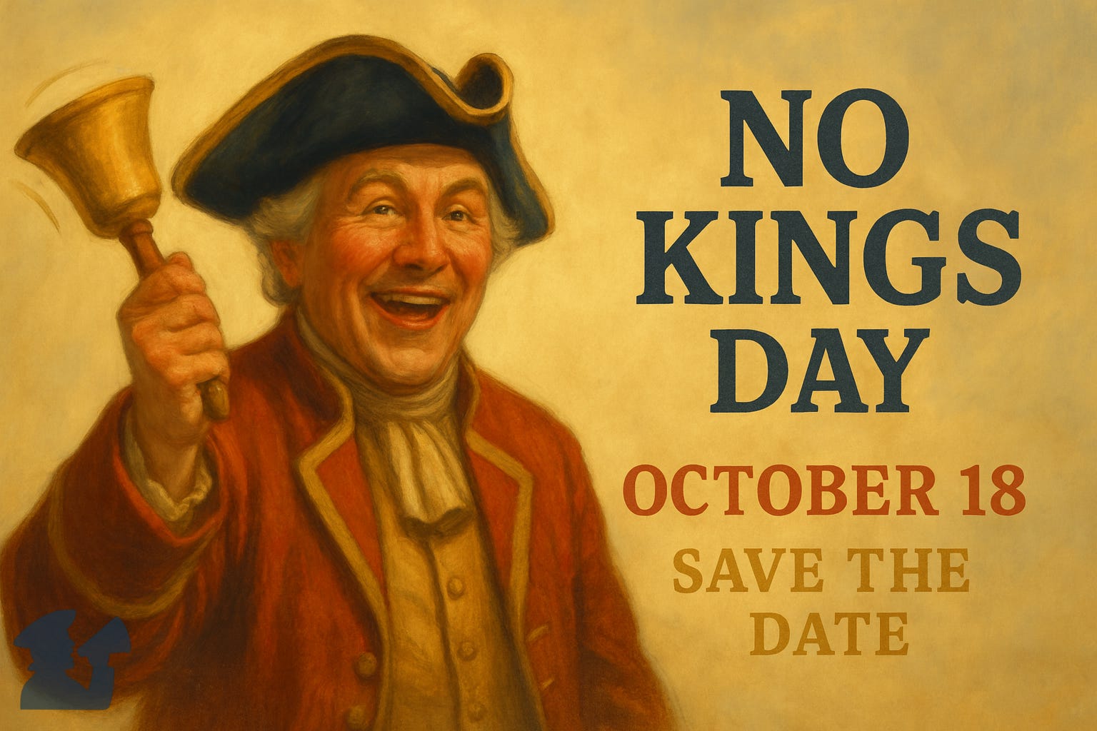 Save The Date image of a town crier announcing No Kings Day on October 18, 2025 Save The Date image of a town crier announcing No Kings Day on October 18, 2025