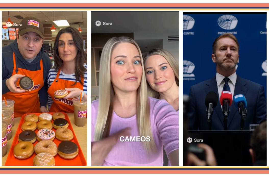 Sora app AI videos, left to right, two people as Dunkin influencers, iJustine in a cameo with herself, a person as a politician on a podium 
