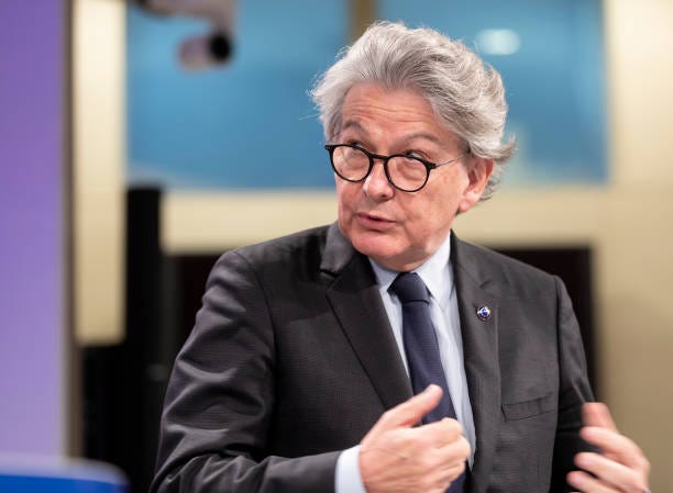 Commissioner for Internal Market Thierry Breton talks to the media in the Berlaymont, the EU Commission headquarter on September 16, 2021 in...