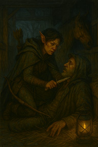 Silverleaf, visually inspired by Tatiana Maslany with elven features, confronts Rictavio, disguised as a dockworker, inside the stable behind the Blue Water Inn in Vallaki. Silverleaf stands tense, one hand near her blade, her cloak dusted with straw. Rictavio, appearing as a tan-skinned laborer with a hood and plain clothes, holds a lantern that casts dramatic shadows across the hay-strewn floor. The horses in the background stir nervously. The atmosphere is cinematic and charged—a moment of truth between hunter and spy. Silverleaf, visually inspired by Tatiana Maslany with elven features, confronts Rictavio, disguised as a dockworker, inside the stable behind the Blue Water Inn in Vallaki. Silverleaf stands tense, one hand near her blade, her cloak dusted with straw. Rictavio, appearing as a tan-skinned laborer with a hood and plain clothes, holds a lantern that casts dramatic shadows across the hay-strewn floor. The horses in the background stir nervously. The atmosphere is cinematic and charged—a moment of truth between hunter and spy.