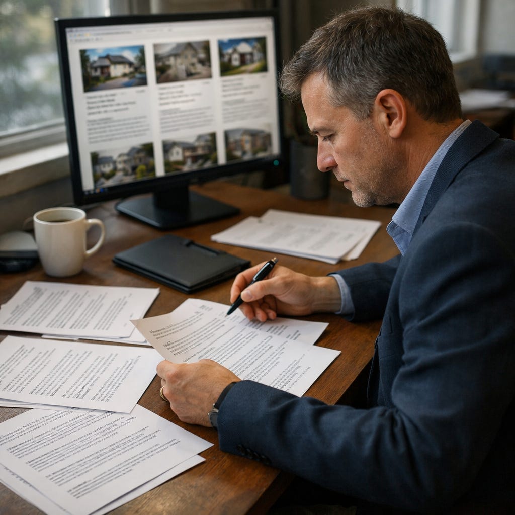 Real estate agent reviewing multiple similar listing descriptions on a desk and computer in a quiet office setting.