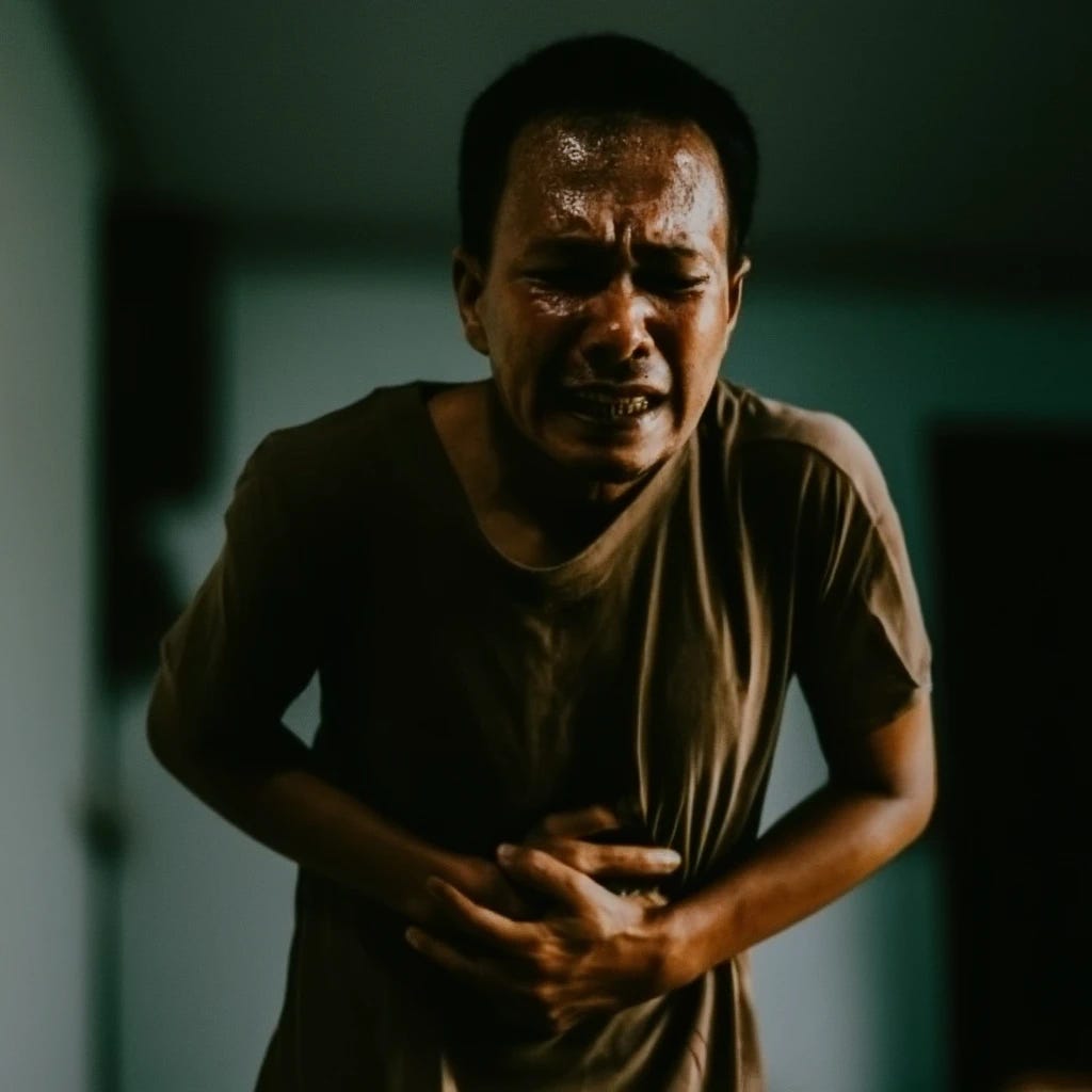 Man in discomfort with hands on stomach  