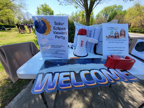 Three images of the East Regional Library Solar Eclipse Viewing Party. Including a photo of eclipse glasses.