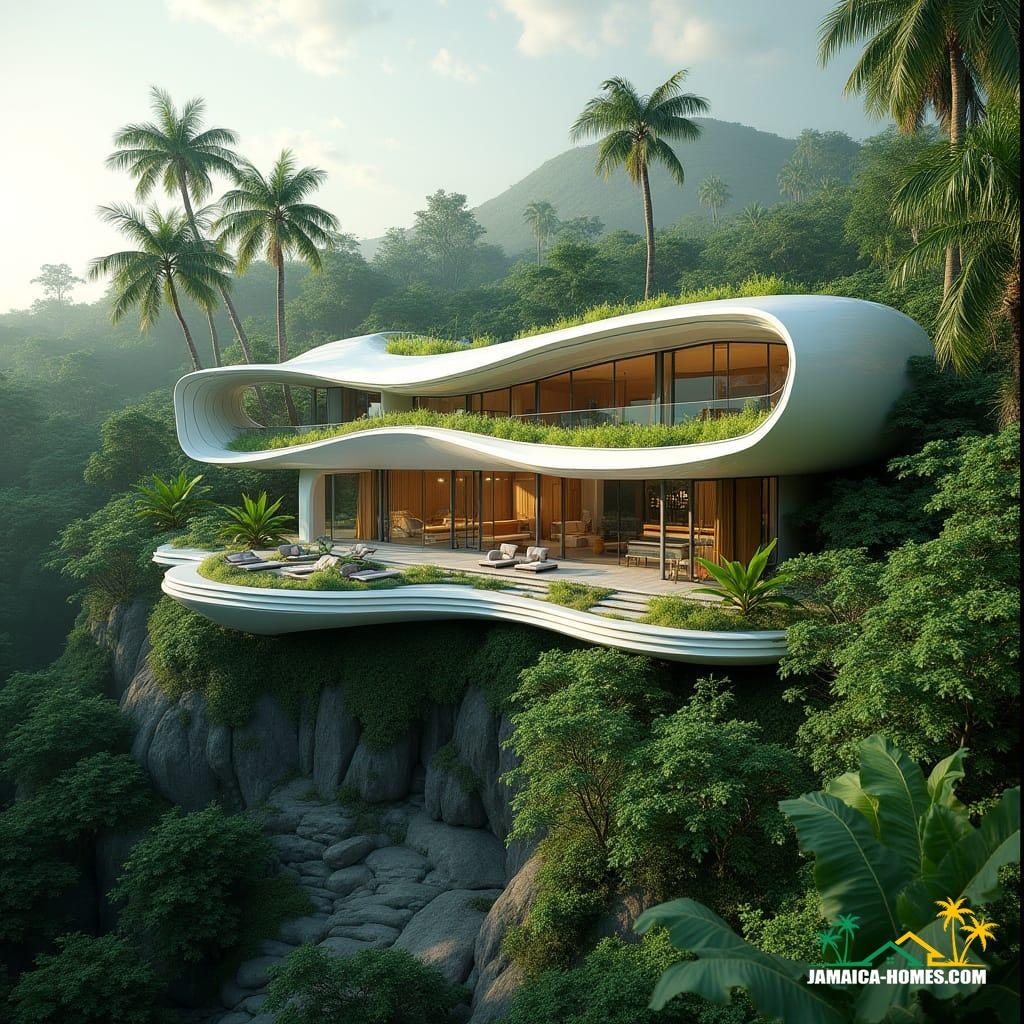 Futuristic Jamaican eco-villa nestled in a lush tropical landscape, AI-driven sustainable design, organic shape
