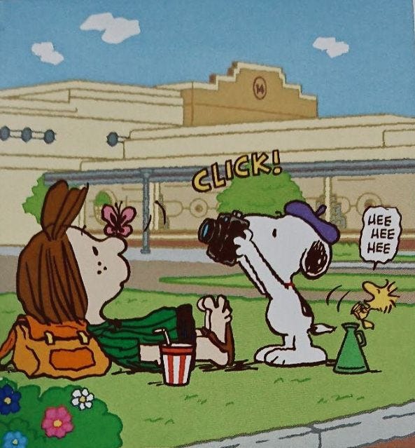 This may contain: a cartoon image of a woman taking pictures of a dog with her camera on the street
