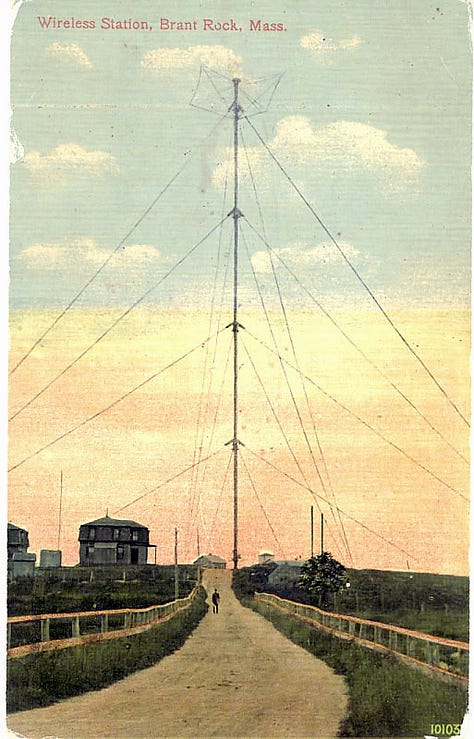 Postcard showing the Brant Rock Radio Tower ; photo of Jack Howard in his radio room ; photo of a covered buckboard carriage with an elegant couple