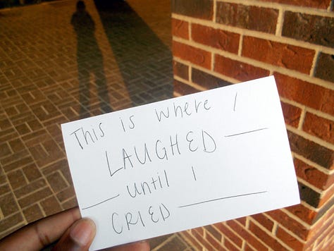 a gallery of photos which contain 17-year-old Ari's hand holding flashcards in front of various locations. each flashcard reads "this is where I..." and is completed with the memory associated with the location
