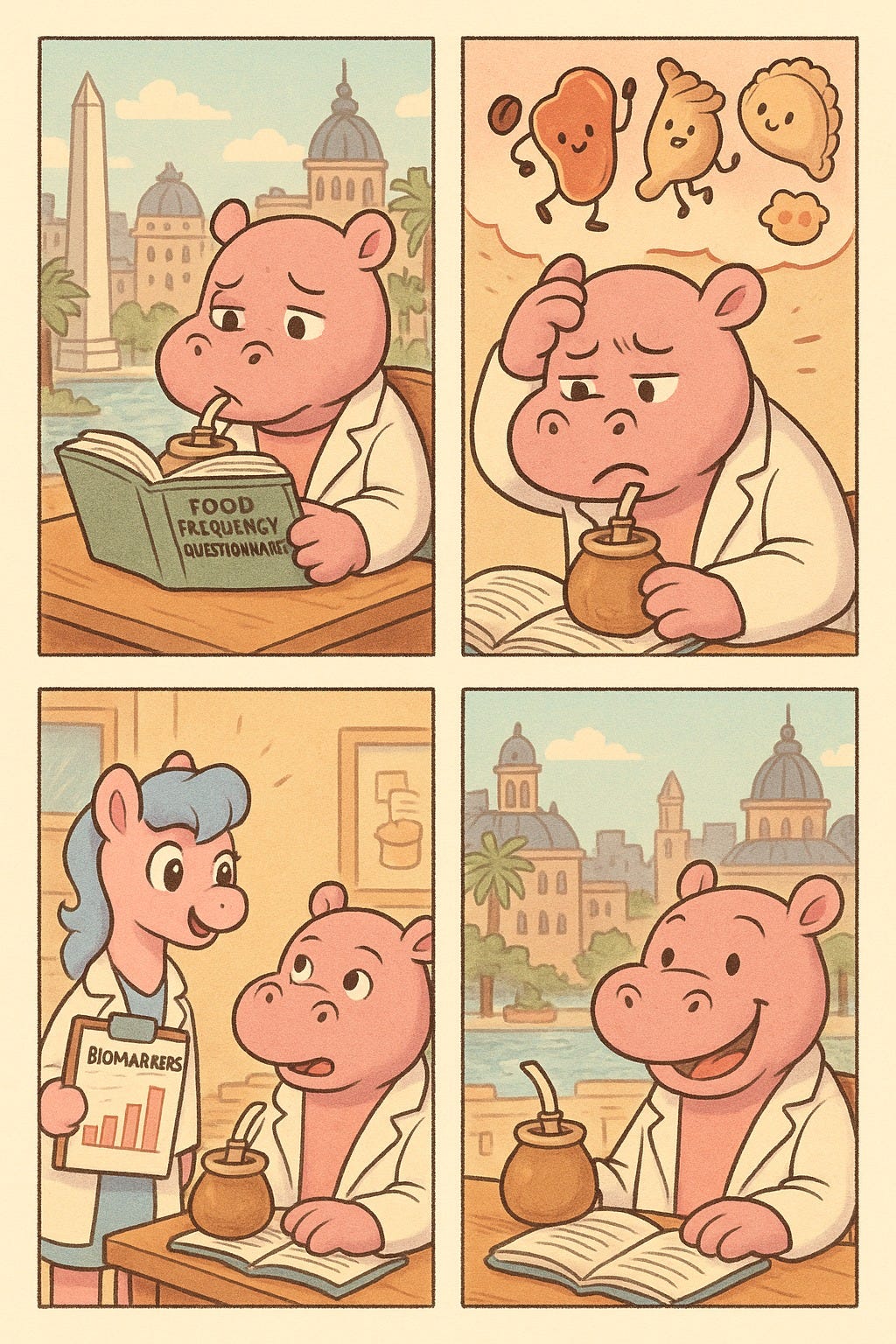 A four-panel illustrated comic strip in warm pastel tones featuring a hippo scientist and a cheerful pony assistant in a Mediterranean-style town.  Panel 1: A pink hippo in a lab coat sits at a table drinking from a gourd with a metal straw (mate-style) while reading a book titled “FOOD FREQUENCY QUESTIONNAIRE.” The hippo looks perplexed.  Panel 2: The hippo looks upwards, scratching its head with a worried expression. A thought bubble shows smiling cartoon foods dancing: a steak, a coffee bean, a garlic clove, and a dumpling—implying the hippo can’t remember what it ate.  Panel 3: A blue-maned pony in a lab coat walks up, smiling, holding a clipboard labeled “BIOMARKERS” with a bar graph. The hippo looks up in surprise and interest.  Panel 4: The hippo now smiles confidently, still sipping its drink. The food questionnaire is open on the table, and the background shows domed buildings and palm trees by a river—indicating a calm, resolved moment thanks to the biomarker insight.
