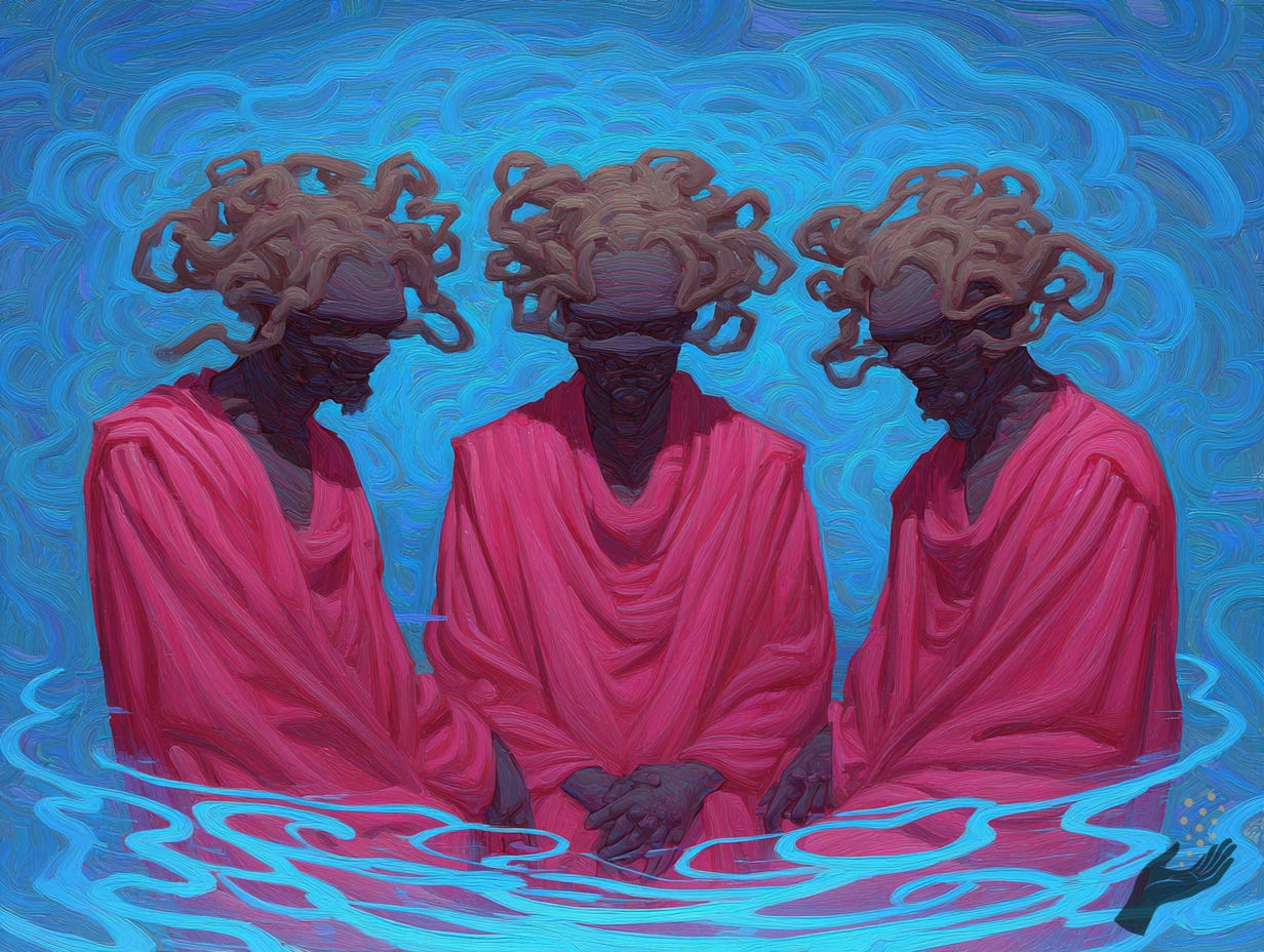 Three figures in bright pink robes stand closely together in blue water, with dark faces partly obscured by tangled looped growths or hair-like forms around their heads against a bright blue background. Three figures in bright pink robes stand closely together in blue water, with dark faces partly obscured by tangled looped growths or hair-like forms around their heads against a bright blue background.