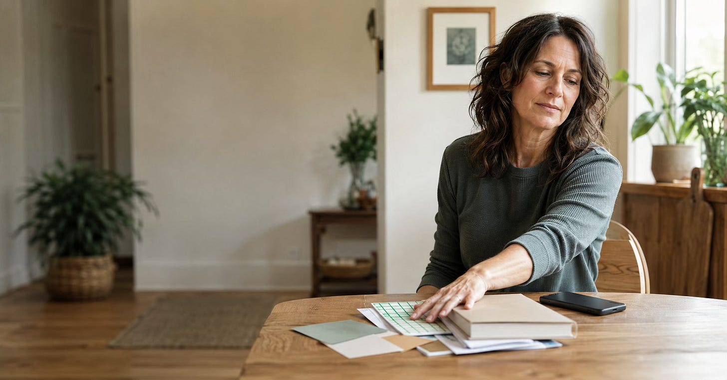 A woman moves a closed book and habit-tracking materials aside on a wooden table.