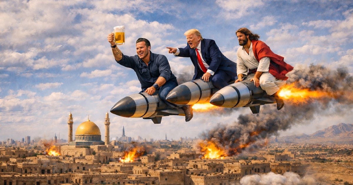 AI generated image of Trump, Hegseth, and Jesus riding on missiles over bombed middle east landscape with Hegseth holding up a pitcher of beer