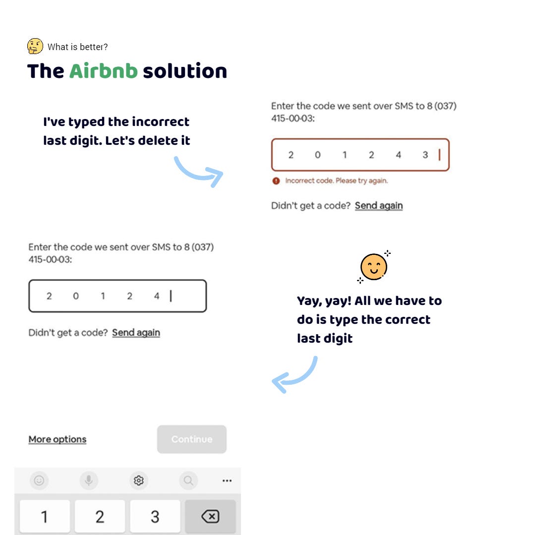 The Airbnb app. I typed the authorization code. The last digit is incorrect. I need to delete it. I press the key. The last digit has been deleted. The rest of the code is saved