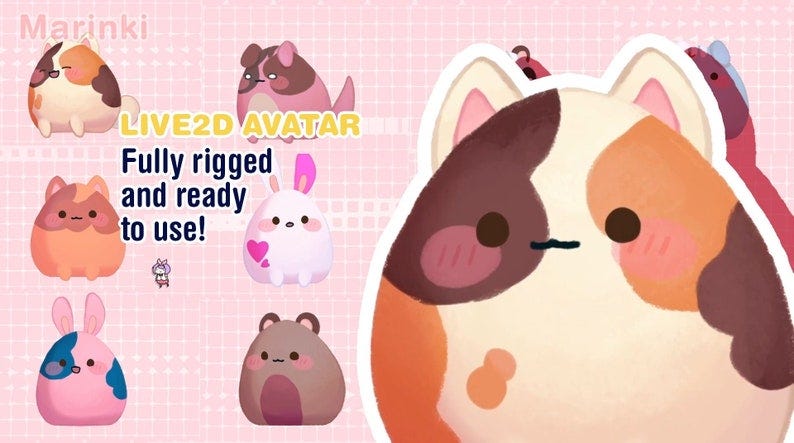 May include: A collection of cartoon animal avatars in various colors, including brown, pink, orange, white, and blue. The avatars are all round and have large eyes. The text 'LIVE2D AVATAR' is in yellow letters on a pink background. The text 'Fully rigged and ready to use!' is in white letters on a pink background.