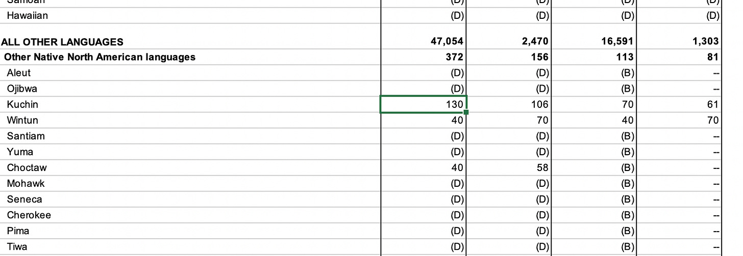 Part of Excel worksheet showing 130 Kuchin speakers.