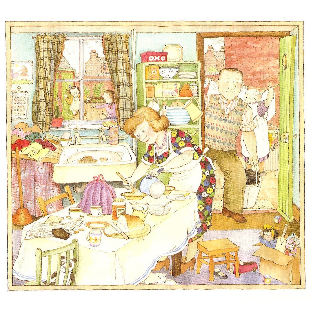 A busy kitchen scene with a woman baking at a cluttered table. A man enters through a door carrying a coal bucket. Children are visible outside and hidden under the table. The atmosphere is warm and homely. A busy kitchen scene with a woman baking at a cluttered table. A man enters through a door carrying a coal bucket. Children are visible outside and hidden under the table. The atmosphere is warm and homely.