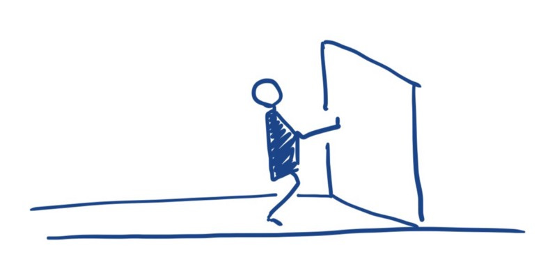A stick figure confidently kicks their way through a door.